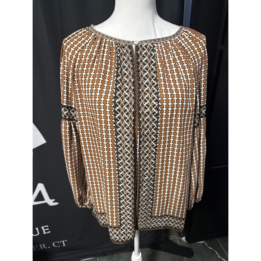 Max Studio London Brown Geometric Print Bishop Sleeve Peasant Blouse Small